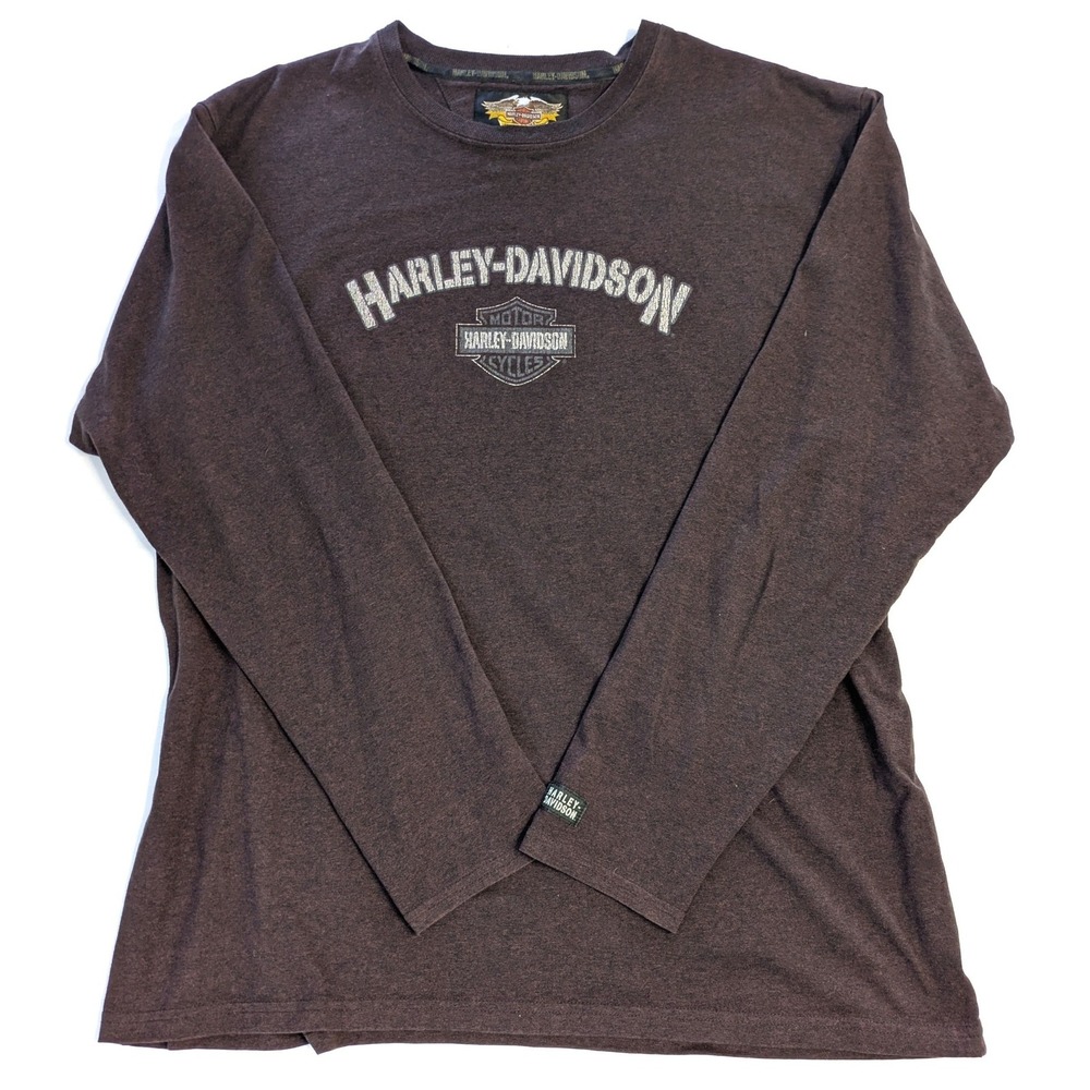 Harley-Davidson Mens Long Sleeve Graphic T-Shirt Brown Heathered Logo 2XL USA